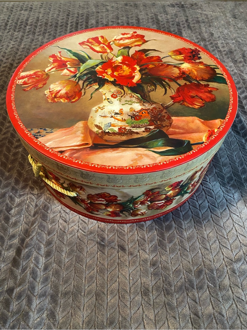 Floral Round Decorative Hat Box - Red & Cream and cowgirl hat